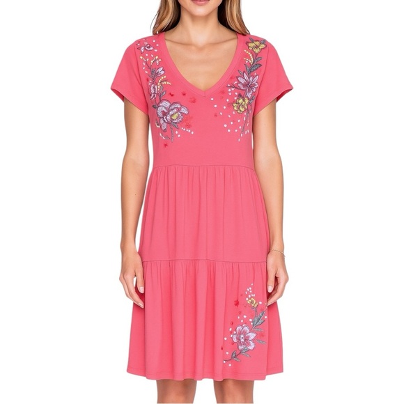 Johnny Was Tiered Embroidered Cotton Midi Dress Boho Artsy Coral Pink Medium - Picture 1 of 9
